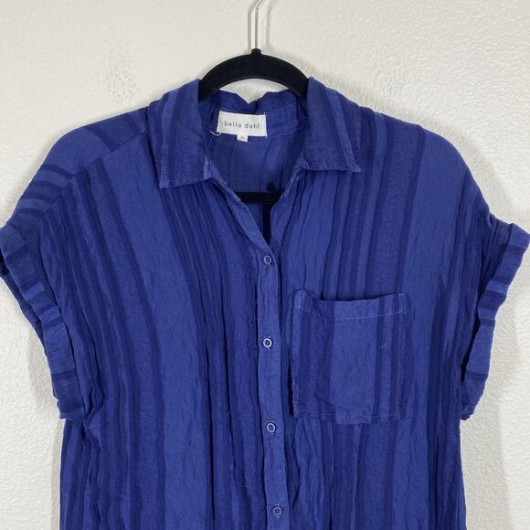 BELLA DAHL Pintucked Shirt Womens Small Blue Button Up Short Sleeve Coastal Camp - Picture 2 of 9